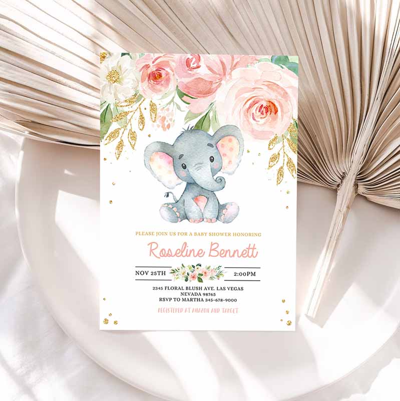 Elephant Baby Shower Invitation, Girl, Pink and Gold Shower Invitations, Jungle Safari Shower Invite Floral Flower