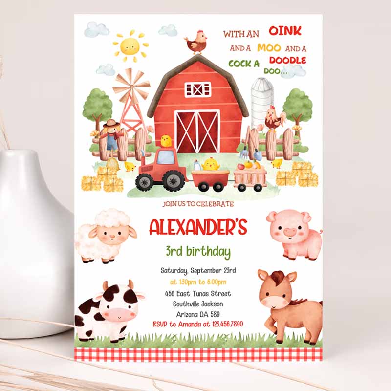 Farm Kids Birthday, Farm Animals Kids Birthday Invitation, Farm Thank you tag, Barnyard