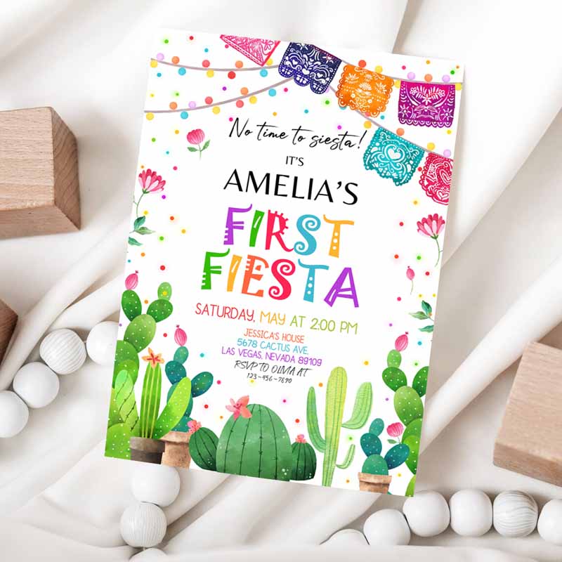 Fiesta Invitation, Kids Birthday Party, Invite First Cactus Mexican Holiday Kids Cinco De Mayo Margarita Succulent Dessert