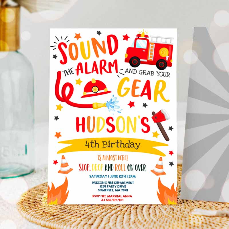 Firetruck Invitation, Firetruck Kids Birthday, Firefighter Kids Birthday, Invite Fireman Kids Birthday Invitation