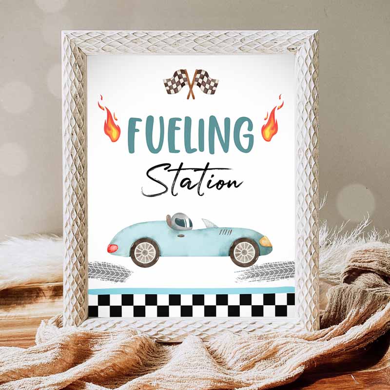 Fuelingation Race Car Sign, Race Car Kids Birthday Party, Two Fast Kids Birthday Party, Blue Vintage Racing Car Drinks