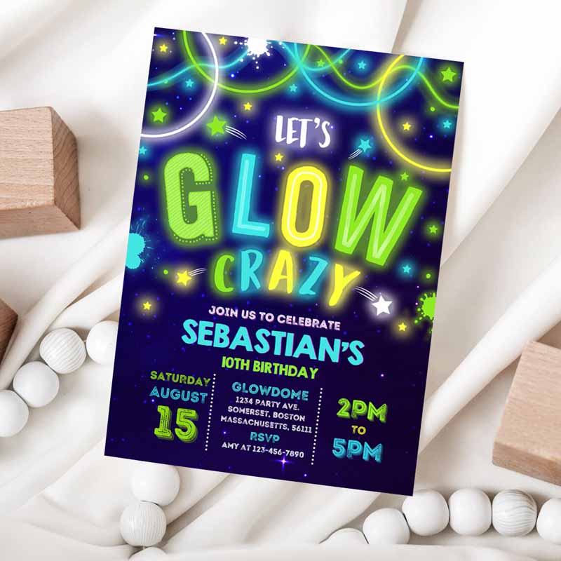 Glow Kids Birthday Invitation, Glow Invitation, Neon Glow Invitation, Neon Glow Party, Glow Ine Dark Kids Birthday Party