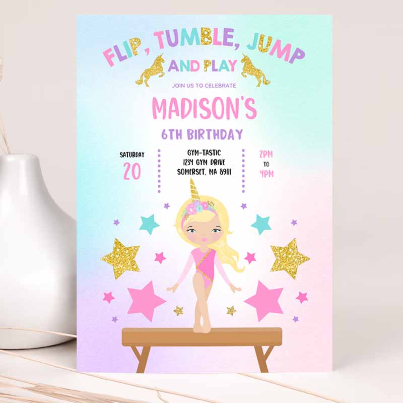 Gymnastics Unicorn Invitation, Unicorn Gymnastics Invitation, Gymnastics Party Gymnastics Party