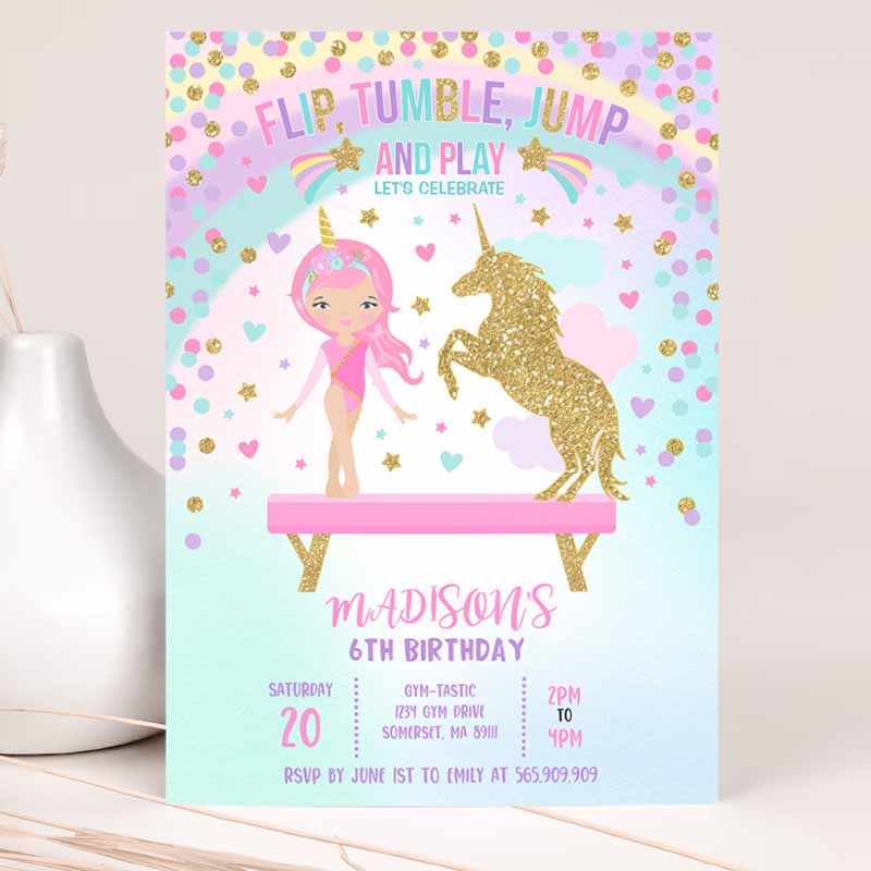 Gymnastics Unicorn Party Invitation, Unicorn Gymnastics Invitation, Gymnastics Party Gymnastics Party