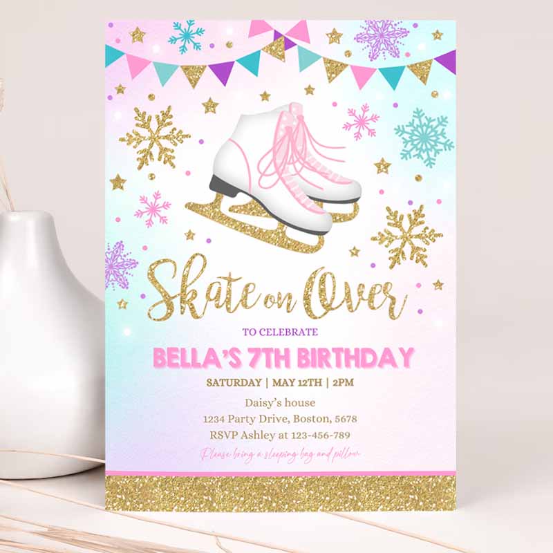 Ice skating Invitation, Ice Skating Kids Birthday, Invite Pink Gold Ice Skating Party, Skate Party, Skating Party