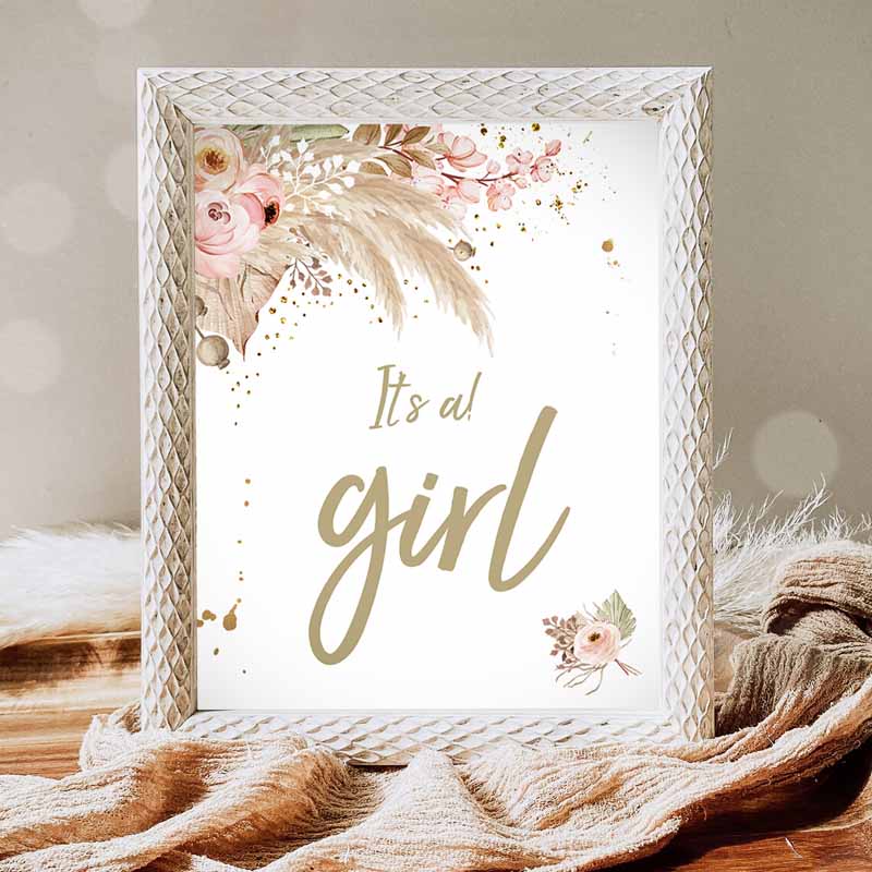 It's a Girl Sign, Pampas Grass Baby Shower Sign, Girl Photo Prop Boho Bohemian Tropical Desert Decor Baby Shower