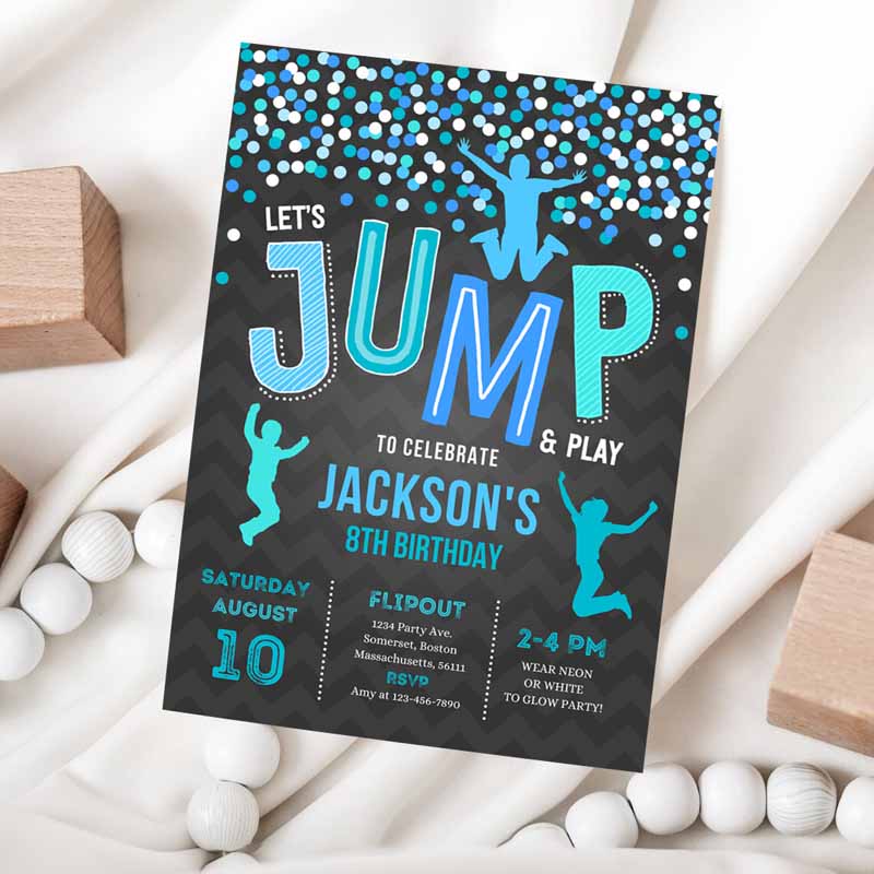 Jump Invitation, Jump Kids Birthday Invitation, Black Blue Trampoline Party, Bounce House Party, Jump Party, Let's Jump Party