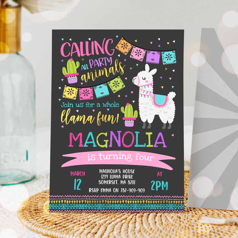 Llama Invitation, Llama Kids Birthday Invitation, Dark Whole Llama Fun Invitation, Llama Party, Alpaca Party, Cactus Party