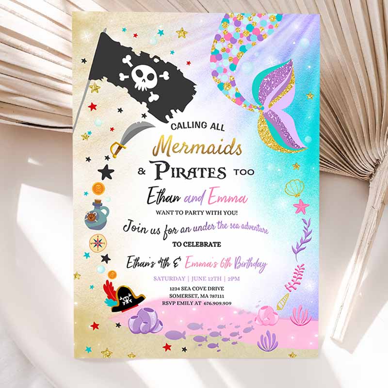 Mermaid And Pirate Kids Birthday Invitation, Sibling Mermaid & Pirate Invite Sibling Mermaid Pirate Party