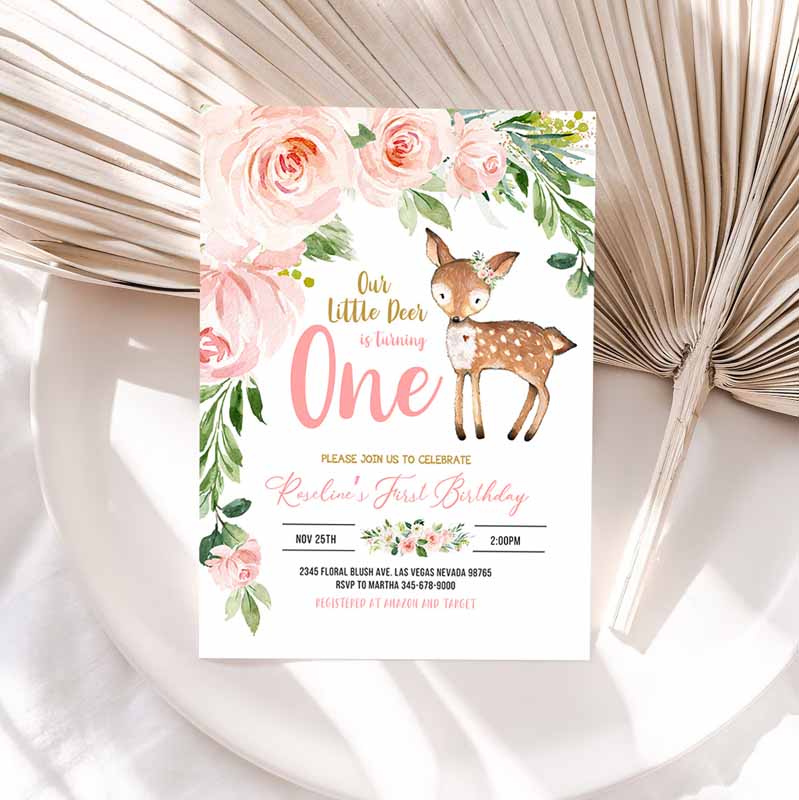 Our Little deer First Kids Birthday Invitation, Woodland Deer Kids Birthday, Floral Woodland