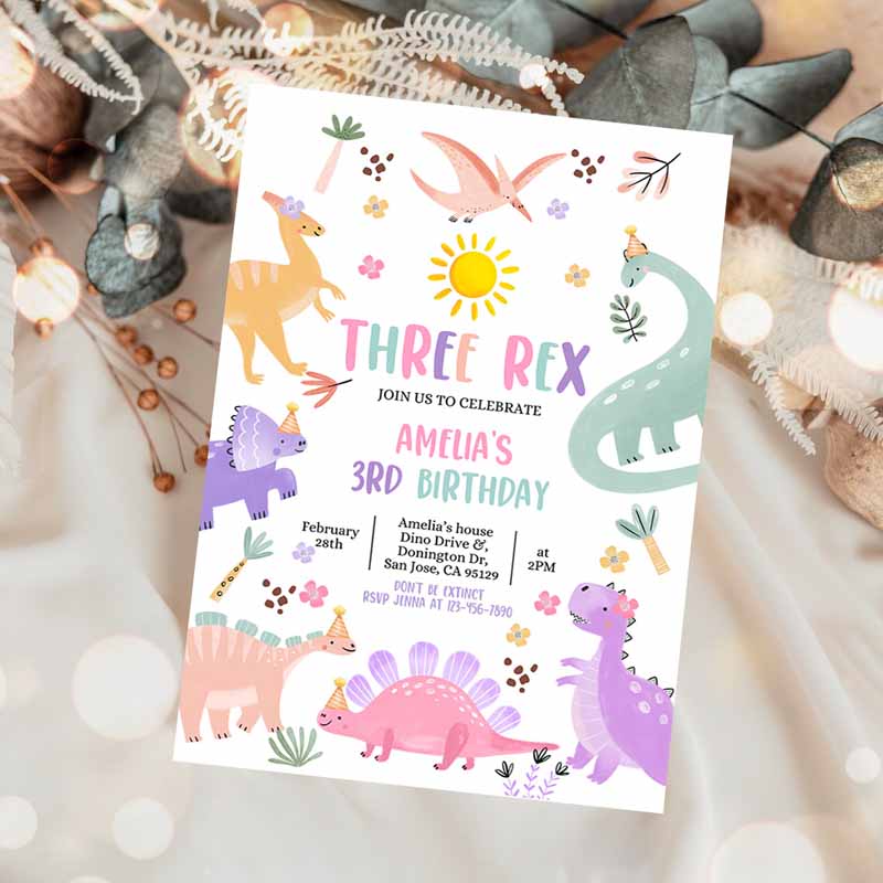 Pastel Dinosaur Kids Birthday Invitation, Three Rex Dino Invite Baby Boy Girl Kids Kids Birthday Party, Stomp Chomp Roar RAWR