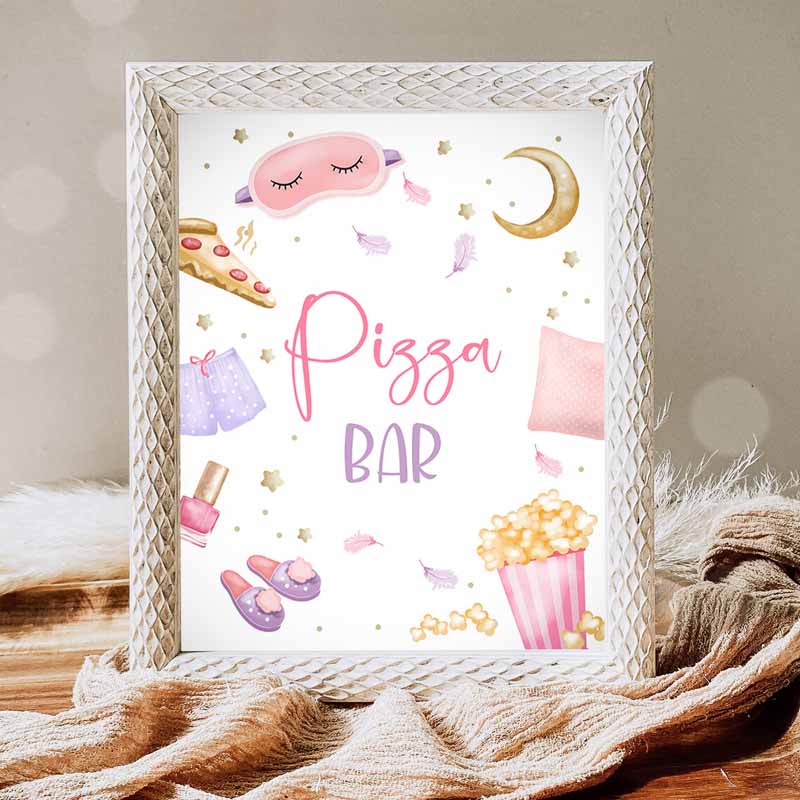 Pizza Bar Sign, Sleepover Kids Birthday, Slumber Party, Decor Teen Kids Birthday, Movie Night Pancakes Pajamas Snack Sign