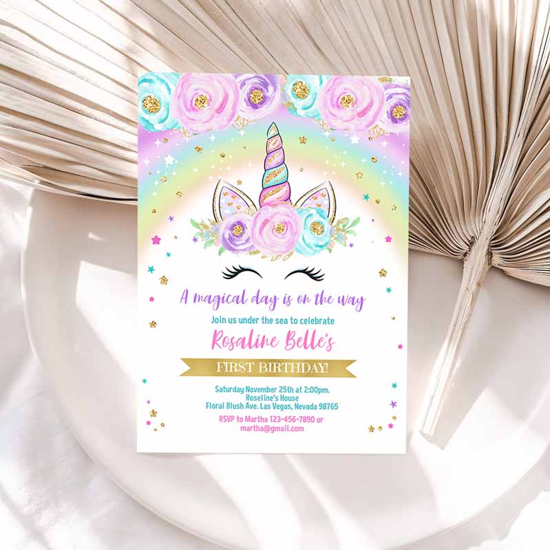 Rainbow Unicorn Kids Birthday Invitation, Unicorn Party, Floral Magical Unicorn invite, Unicorn and Rainbow