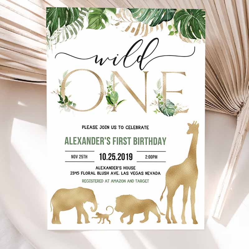 Safari Gold Kids Birthday Invitation, Jungle wild one Invitations, Boy Kids Birthday