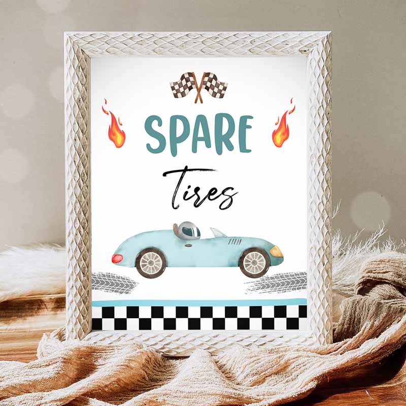 Spare Tires Race Car Sign, Race Car Kids Birthday Party, Two Fast Kids Birthday Party, Blue Vintage Racing Car Decorations