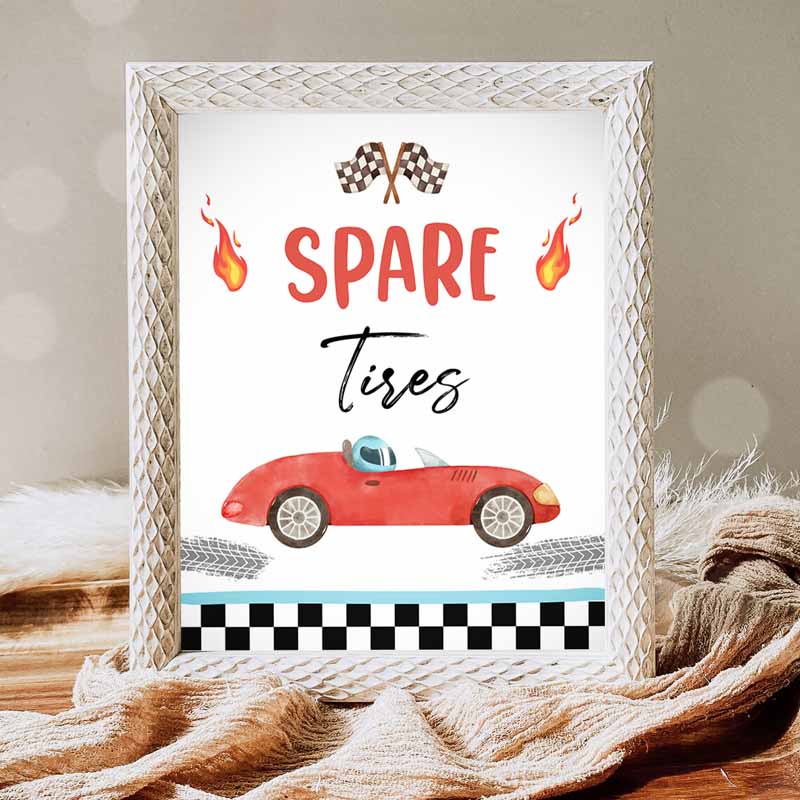 Spare Tires Race Car Sign, Race Car Kids Birthday Party, Two Fast Kids Birthday Party, Red Vintage Racing Car Decorations