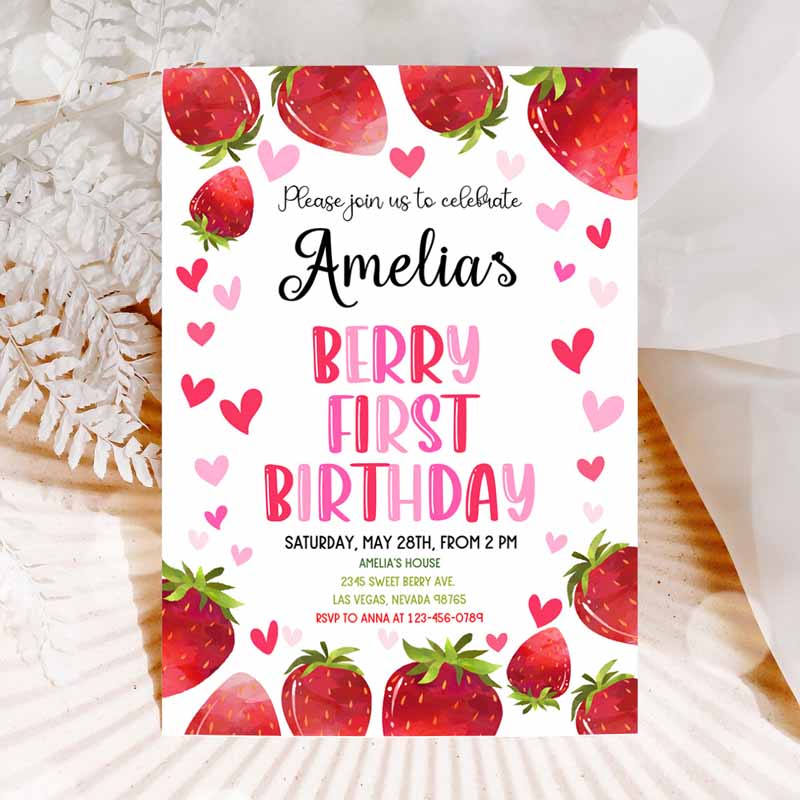 Strawberry Kids Birthday Invitation, Berry Sweet Girl Two First Summer Fruit Cute Red Citrus