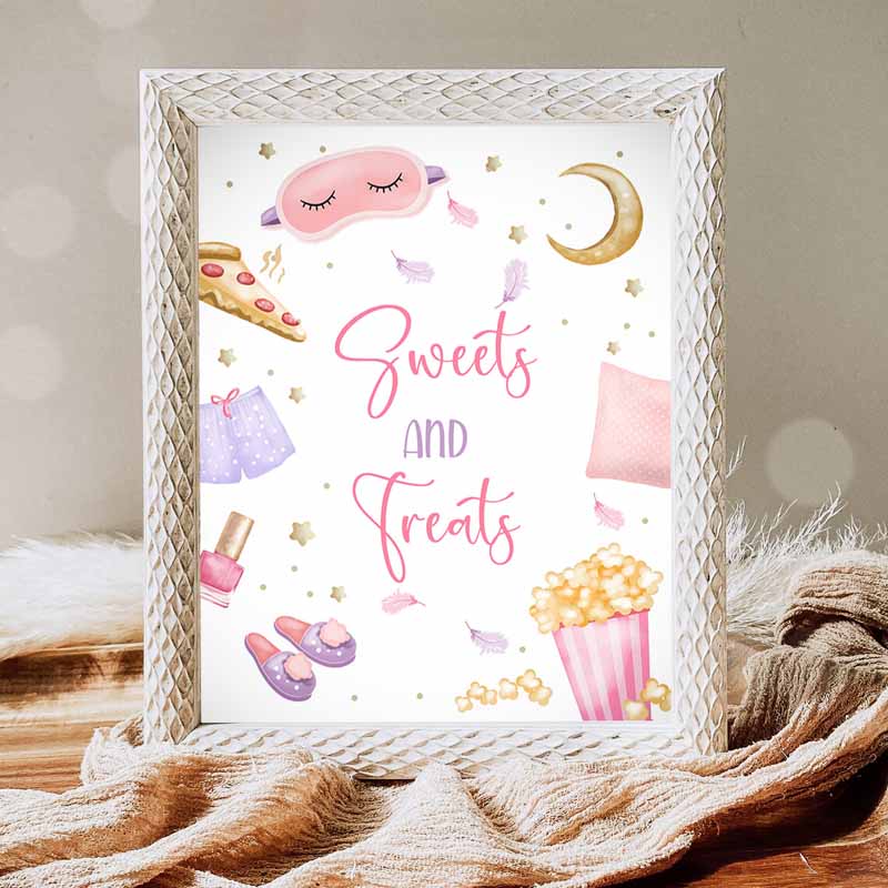 Sweets and Treats Sign, Sleepover Kids Birthday, Slumber Party, Decor Teen Kids Birthday, Movie Night Pajamas Snack Sign, Girl