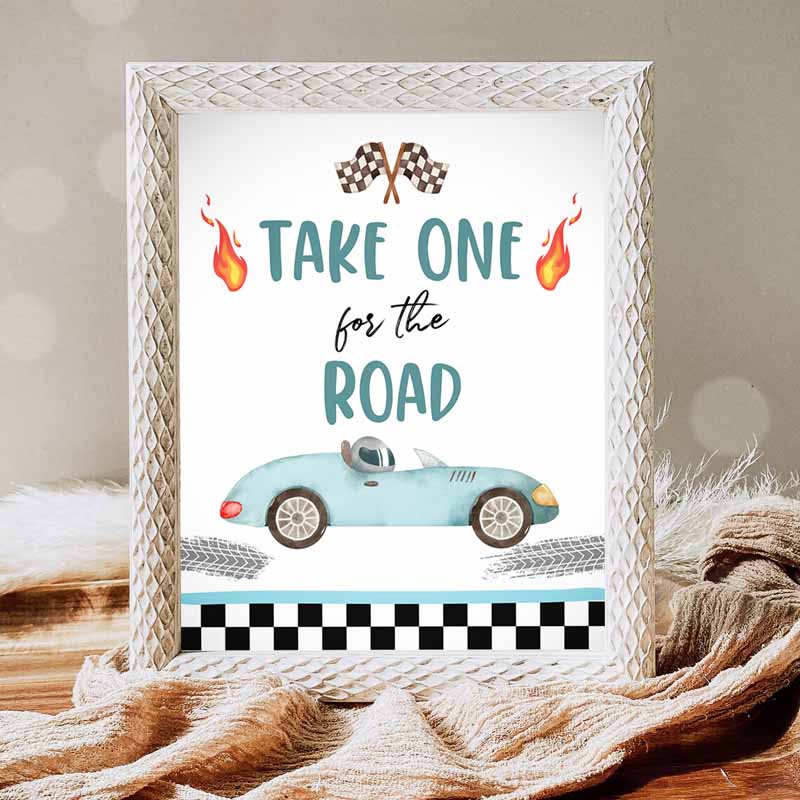 Take One Fore Road Favors Sign, Race Car Kids Birthday Party, Two Fast Kids Birthday, Curious Race Car Decor Racing Blue Boy