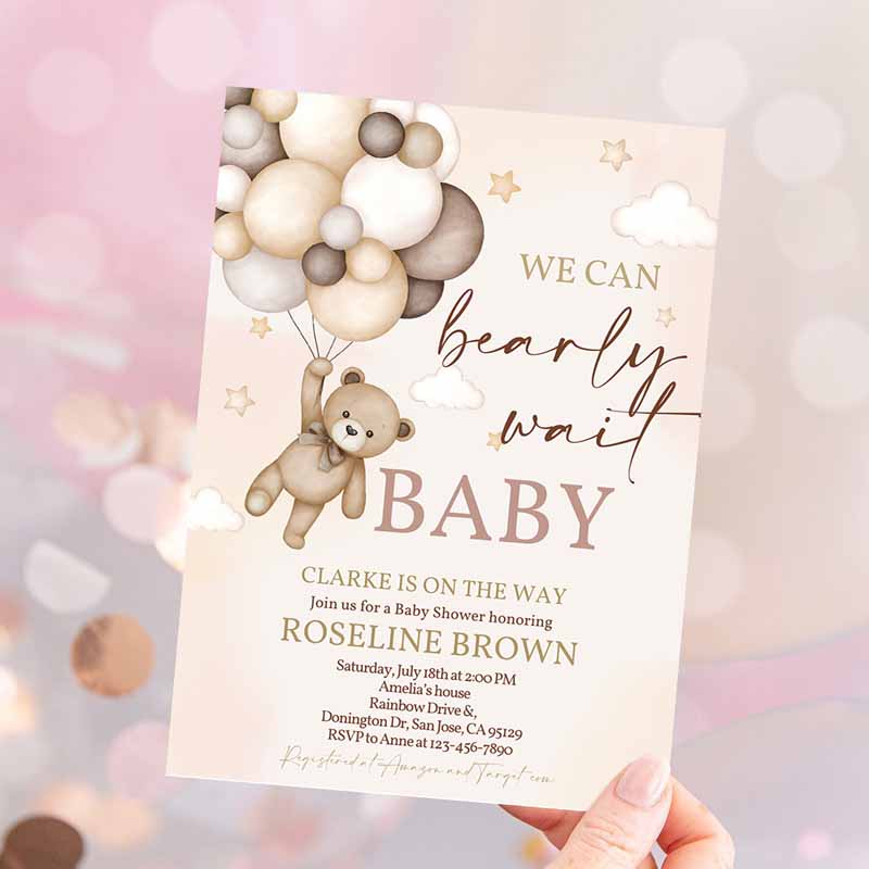 Teddy Bear Baby Shower Invitation, We Can Bearly Wait Brown Ivory Beige Balloons Boho Baby Shower Boy Girl