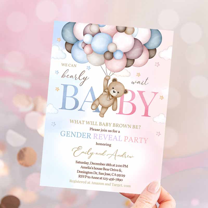 Teddy Bear Gender Reveal Invitation, Boy or Girl Baby Shower Invite We Can Bearly Wait Pink Blue Boho Pampas Grass Balloons