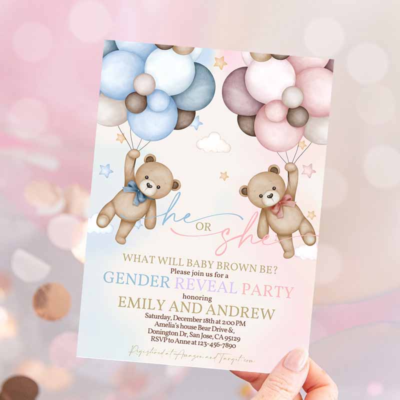 Teddy Bear Gender Reveal Invitation, Gender Neutral Boho Beige Pampas Grass Hot Air Balloons We Can Bearly Wait