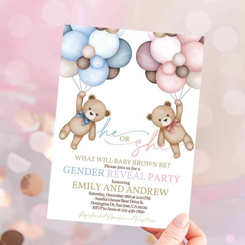 Teddy Bear Gender Reveal Invitation, Gender Neutral Boho Pampas Grass Hot Air Balloons We Can Bearly Wait