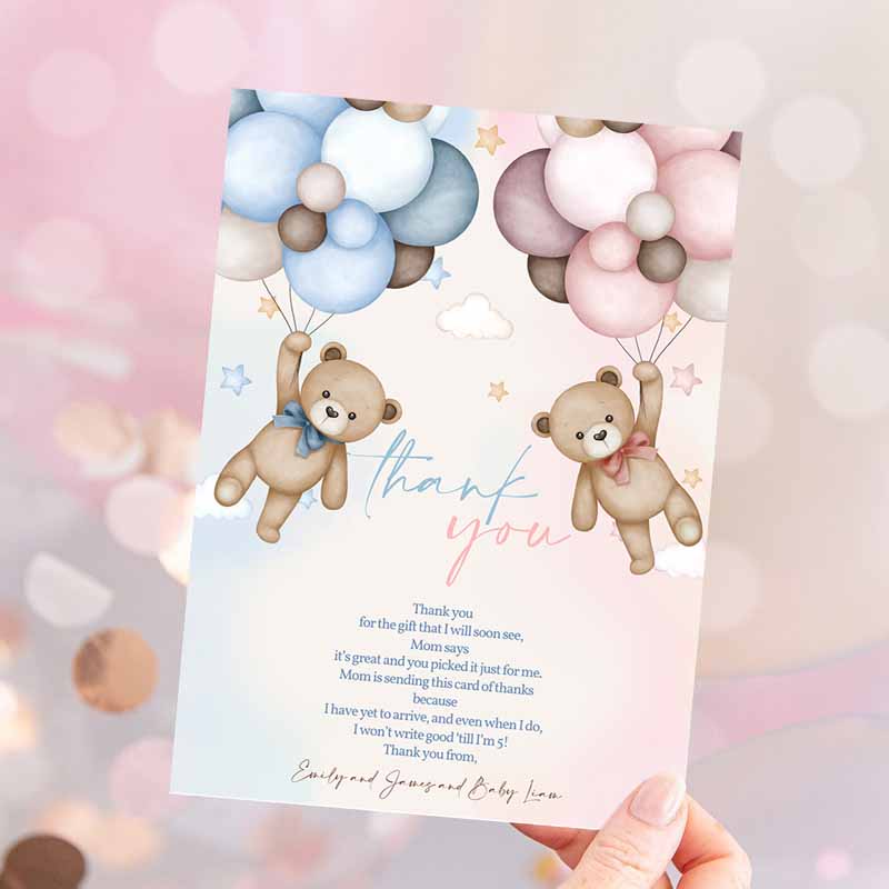 Teddy Bear Gender Reveal Party, Thank You Card Boho Neutral Baby Shower Thank You Note He or She Boy or Girl Hot Air Balloons