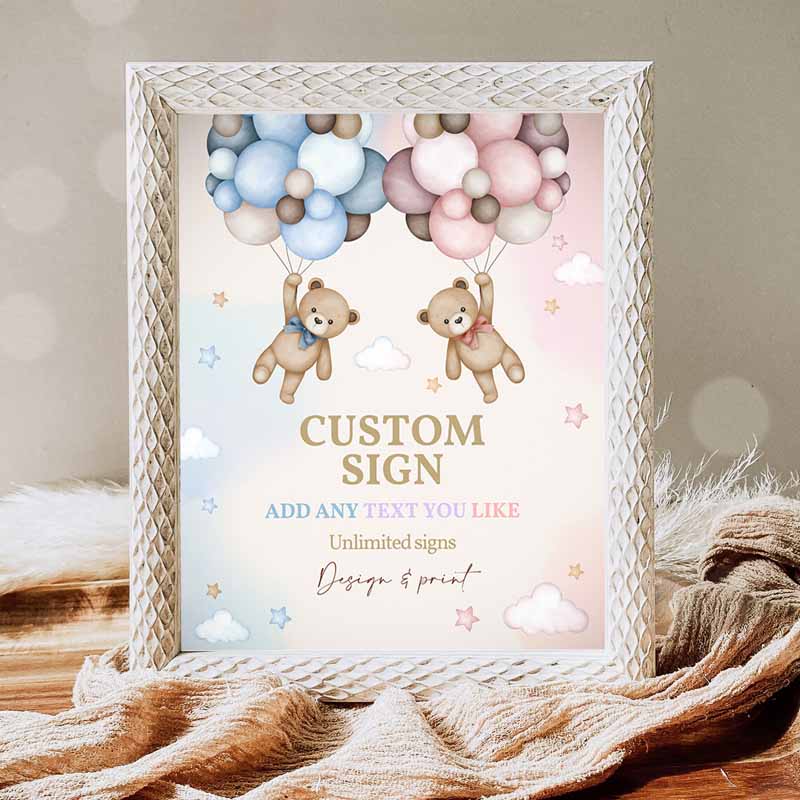 Teddy Bear Gender Reveal Table Sign, Pink Blue Custom Bear Baby Shower Poster Gender Neutral Party, Tabletop Decor