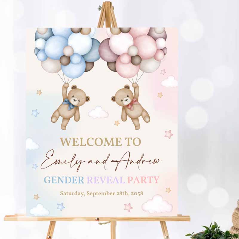 Teddy Bear Gender Reveal Welcome Sign, Pink and Blue Bear Baby Shower Poster He or She Yard Sign, Neutral Party, Porch Door