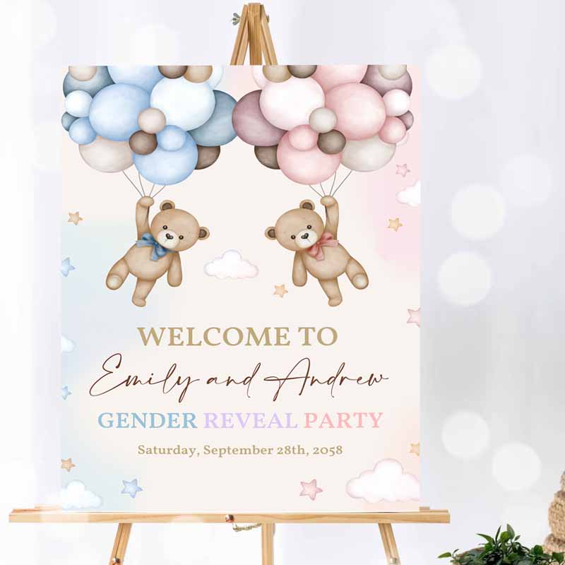 Teddy Bear Gender Reveal Welcome Sign, Pink and Blue Bear Baby Shower Poster He or She Yard Sign, Neutral Party, Porch Door Sign