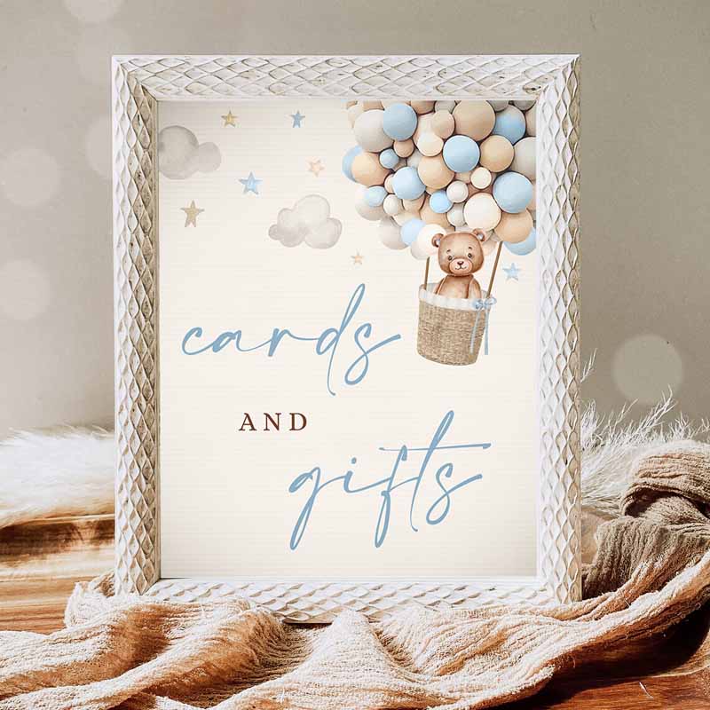 Teddy Bear Hot Air Balloon Baby Shower Cards And Gifts Sign, Boy Blue Teddy Bear Baby Shower Decorations