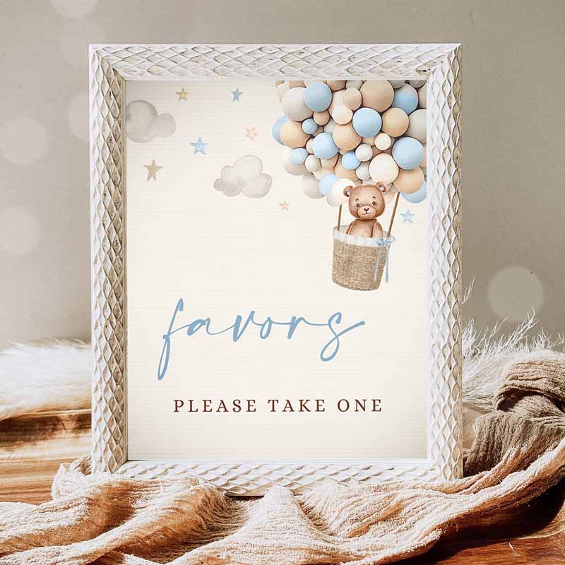 Teddy Bear Hot Air Balloon Baby Shower Favor Sign, Boy Blue Teddy Bear Baby Shower Decorations Favors