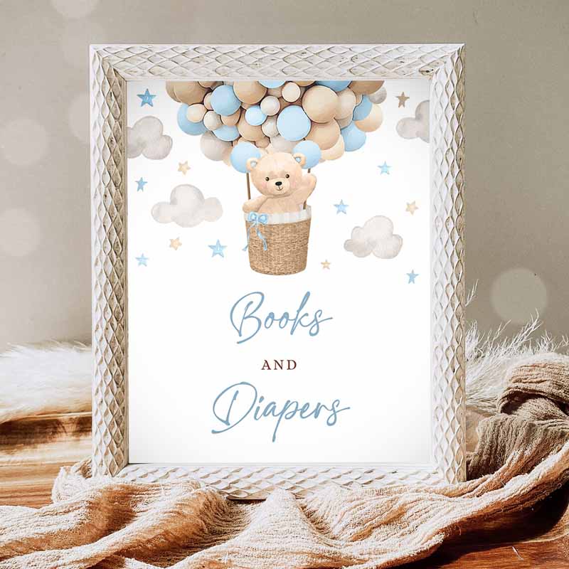 Teddy Bear Hot Air Balloon Shower Books and Diapers Sign, Boy Blue Teddy Bear Baby Shower We Can Bearly WaIt