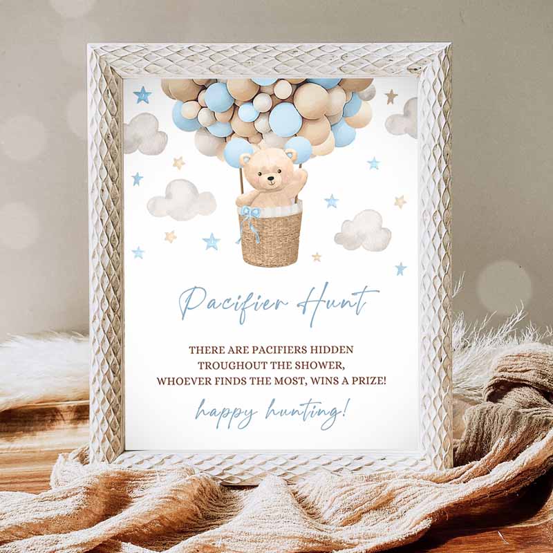 Teddy Bear Hot Air Balloon Shower Pacifier Hunt Sign, Boy Blue Teddy Bear Baby Shower We Can Bearly WaIt