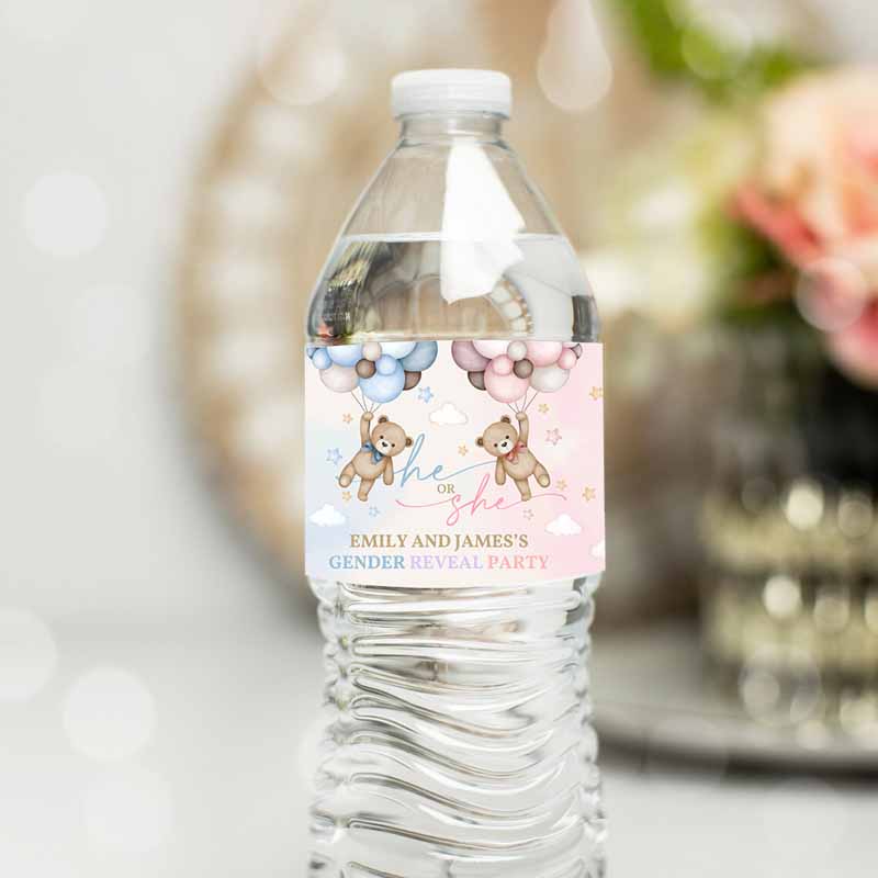 Teddy Bear Water Bottle Label Girl Baby Shower Drink Label Gender Reveal Party, Decor Kids Birthday, Waterproofickers BSM