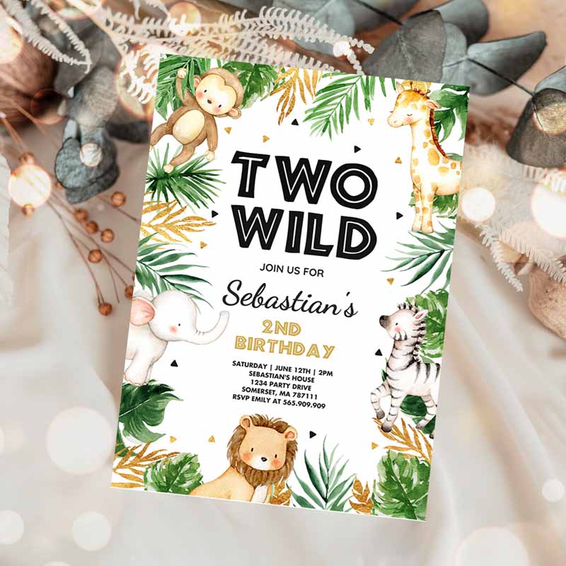 Two Wild Kids Birthday Invitation, Jungle Safari Animals Invitation, Gold Safari Two Wild Kids Birthday Party