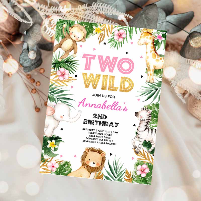 Two Wild Kids Birthday Invitation, Pink Gold Jungle Safari Animals Invitation, Two Wild Kids Birthday Party