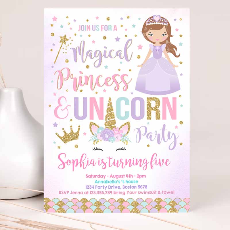 Unicorn And Princess Kids Birthday Invitation, Unicorn And Princess Magical Kids Birthday