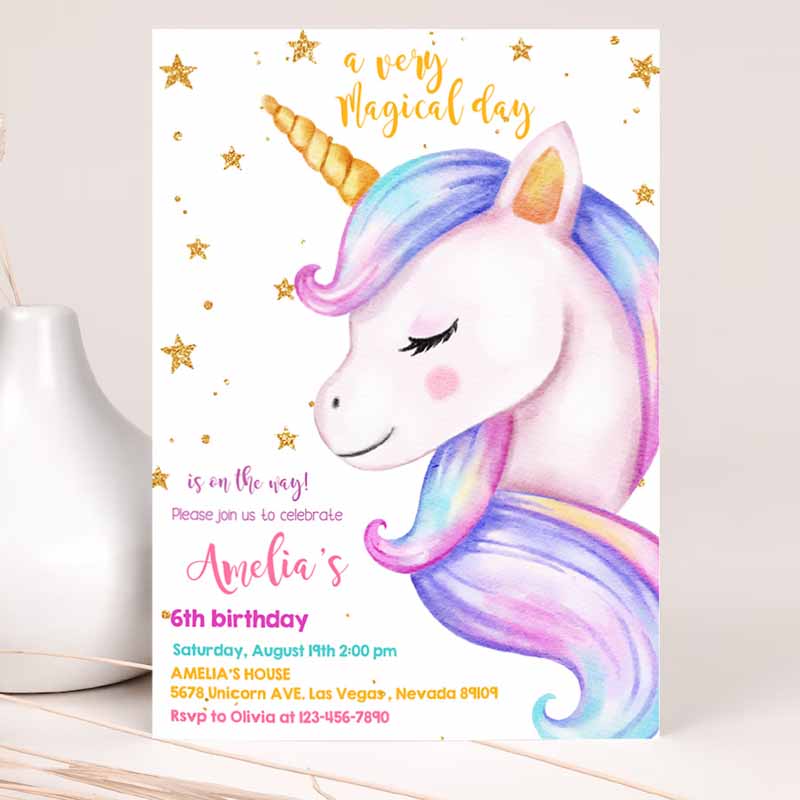 Unicorn Kids Birthday Invitation, Rainbow Party, Gold Glitter Pink Girl Magical Day