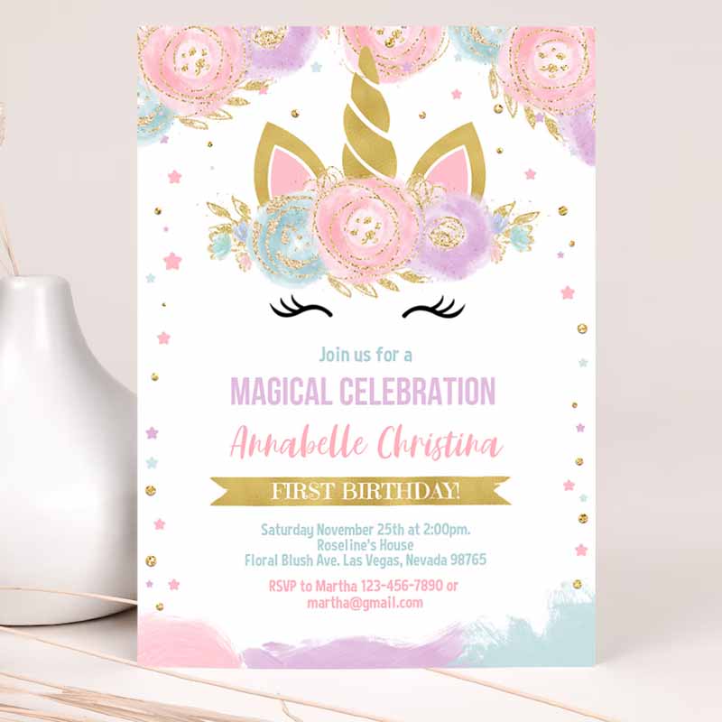 Unicorn Invitation, Unicorn Party, Invite, Unicorn Kids Birthday Unicorn Invite, Girl gold