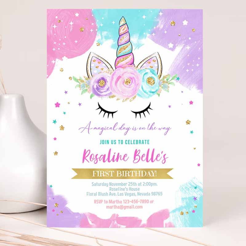 Unicorn Invitation, Unicorn Party, Unicorn Kids Birthday Unicorn Invite, Girl gold