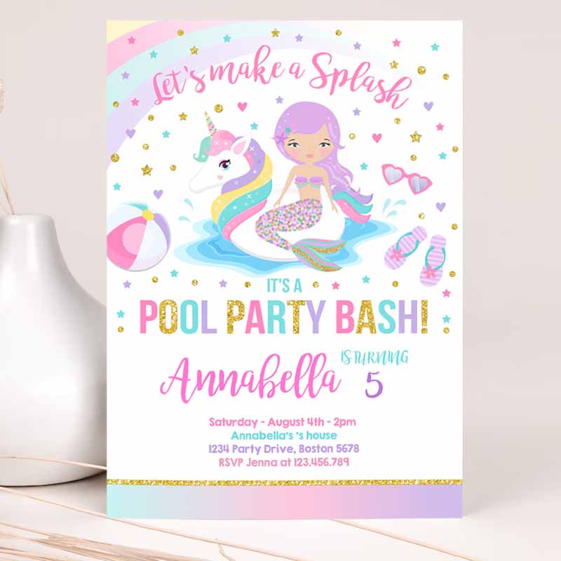 Unicorn Pool Party Invitation, Unicorn Mermaid Pool Party, Invite Unicorn Pool Float Pool Party, Bash