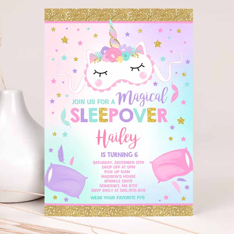 Unicorn Slumber Party Invitation, Unicorn Sleepover Kids Birthday Invitation Unicorn Sleepover Party