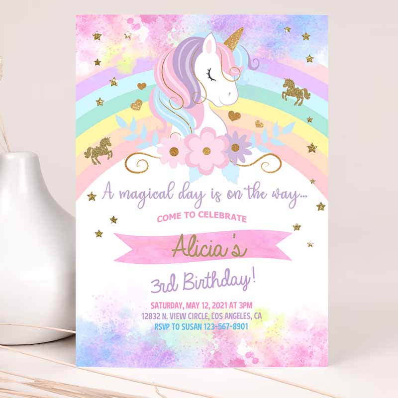 Unicorn And Rainbow Kids Birthday Invitation, Girl Kids Birthday Party, Invite, Rainbow Unicorn Flowers Gold Glitter