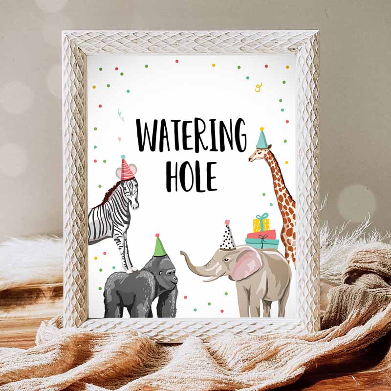 Watering Hole Kids Birthday, Drink Table Decor Safari Kids Birthday, Wild One Animals Animals Table Sign, Zoo Party, Jungle