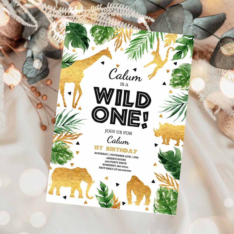 Wild One Kids Birthday Invitation, Safari Animals Invitation, Boy Jungle Safari Animal Party, Gold Wild One Party