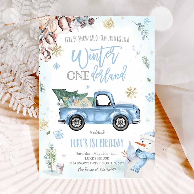 Winter ONEderland Invitation, Winter Truck Kids Birthday Invitation, Rustic Blue Truck Winter ONEderland Party