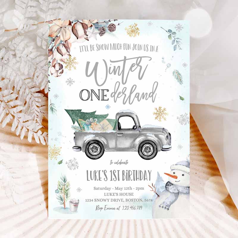 Winter ONEderland Invitation, Winter Truck Kids Birthday Invitation, Rustic Grey Truck Winter ONEderland Party