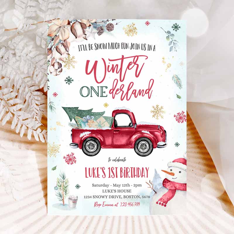 Winter ONEderland Invitation, Winter Truck Kids Birthday Invitation, Rustic Red truck Truck Winter Party